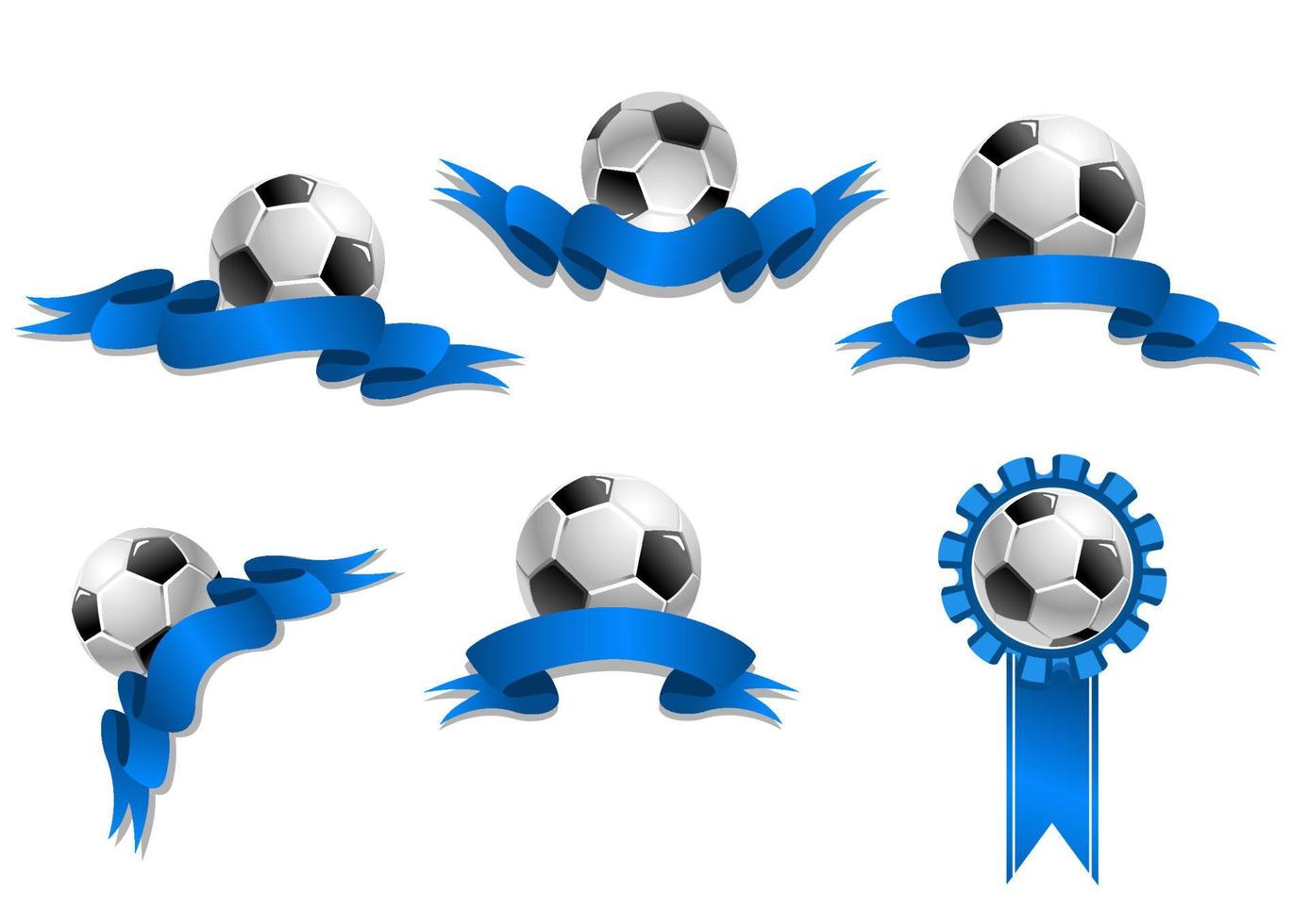 Set of soccer balls with blue ribbons vector
