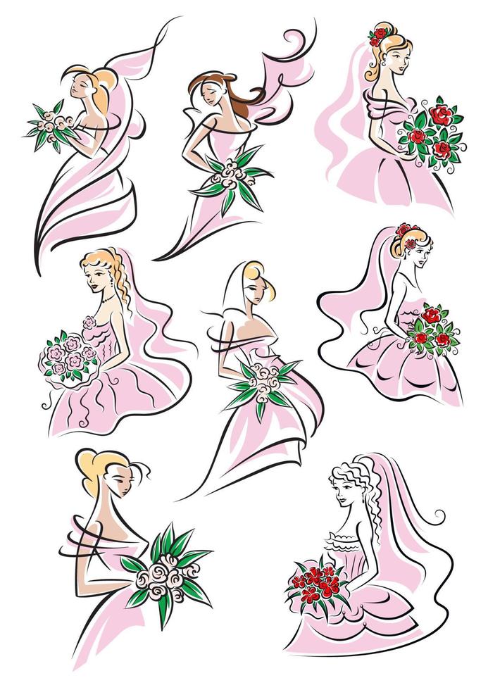 Bride sketches holding bouquet of flowers vector