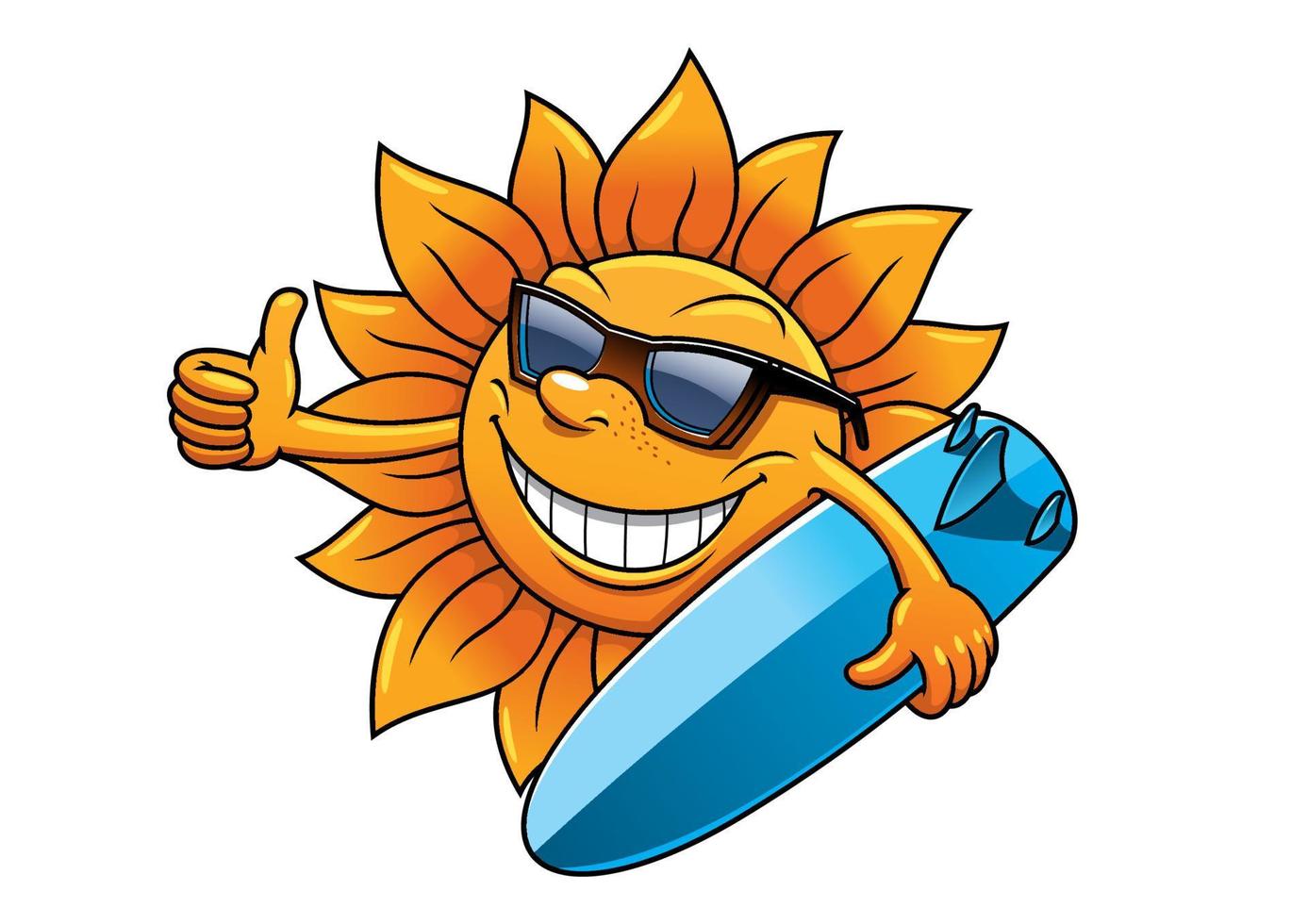 personaje de dibujos animados sol con gafas de sol y tabla de surf vector