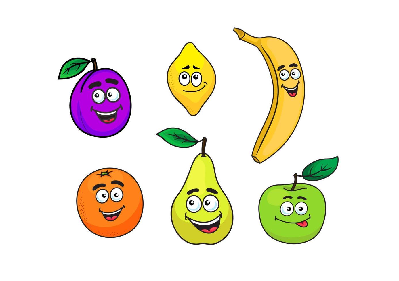 feliz, sonriente, caricatura, frutas, conjunto vector