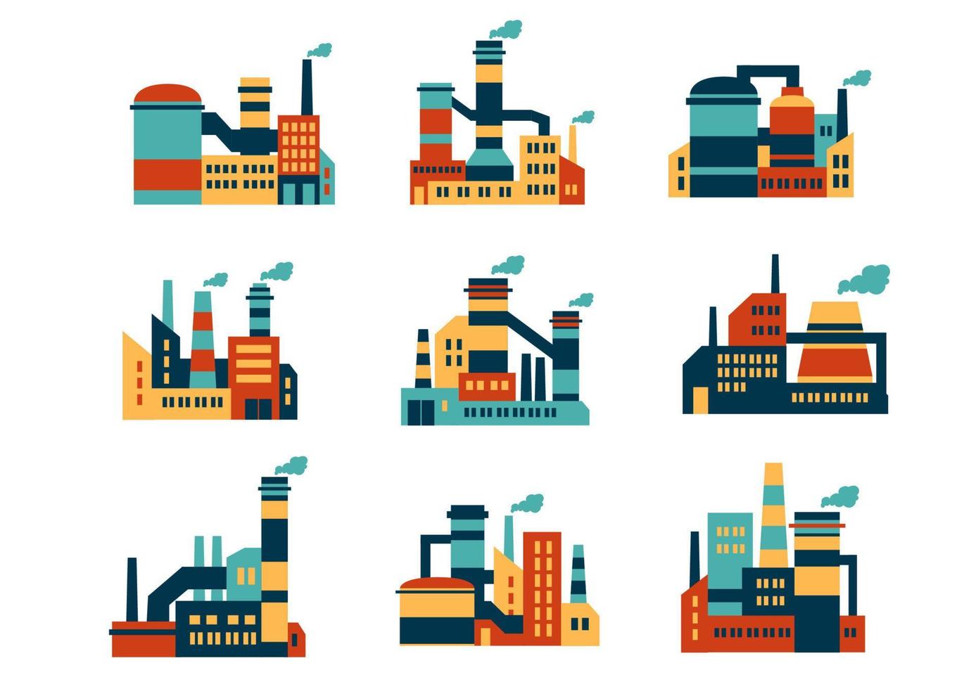 Flat industrial buildings and factories icons vector