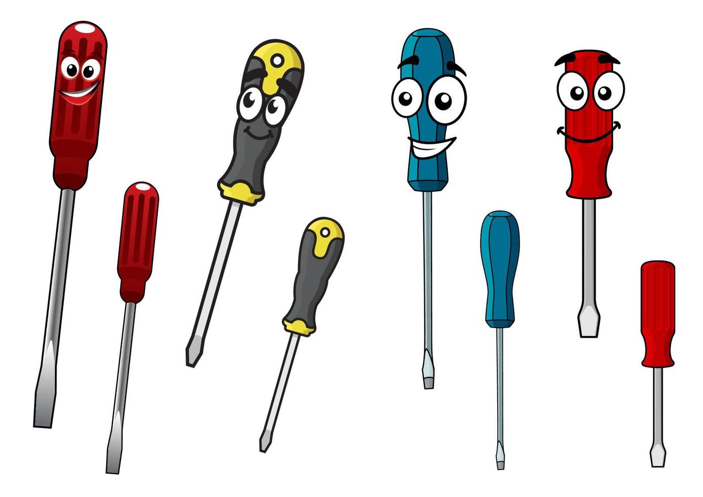 Colorful cartoon screwdrivers characters vector