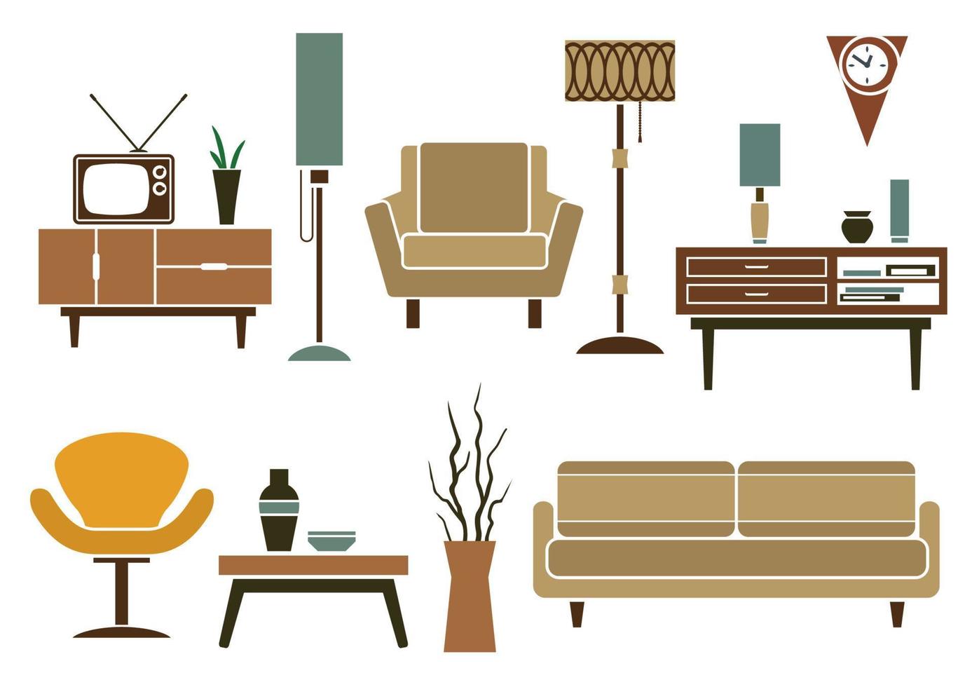 Retro flat furniture and interior icons vector