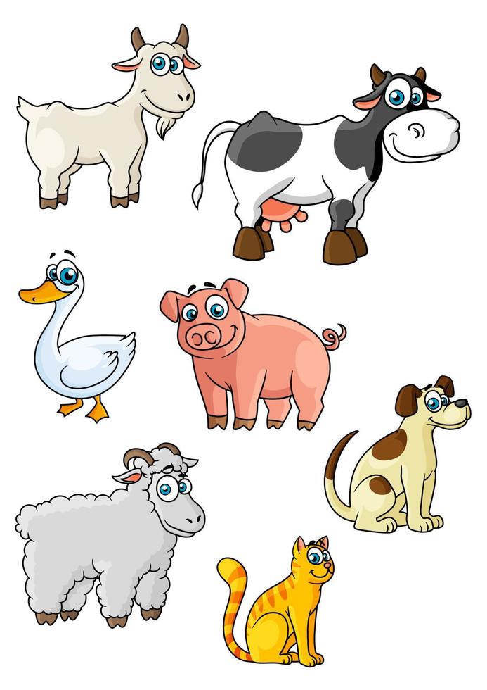 vaca de dibujos animados, perro, oveja, cerdo, gato, cabra, ganso vector