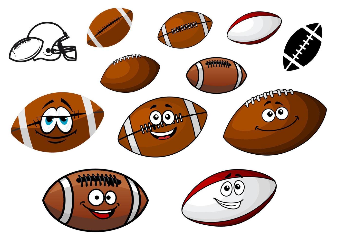 personajes de dibujos animados de balones de fútbol y pelotas de rugby vector