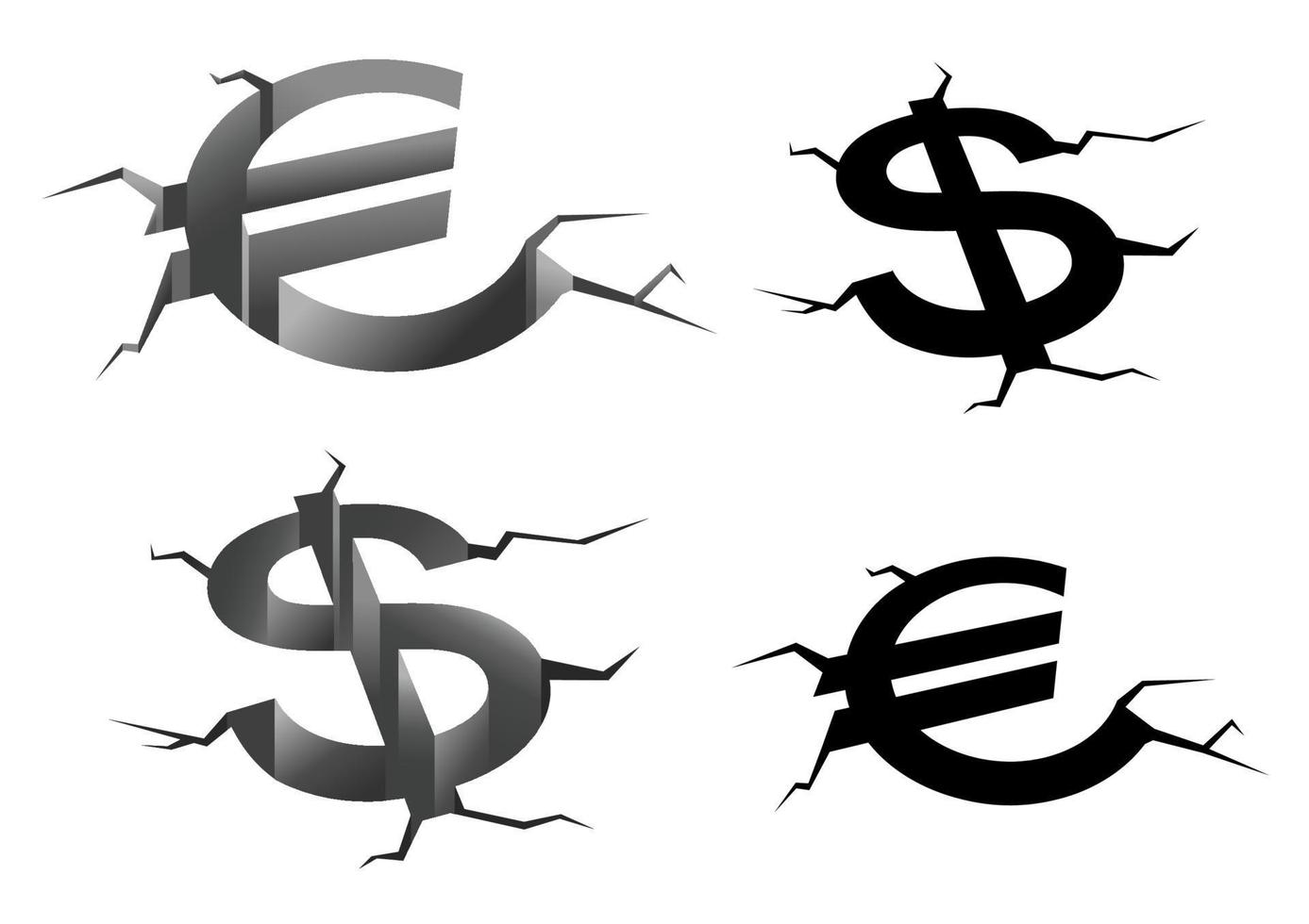 símbolos agrietados del dólar y del euro vector