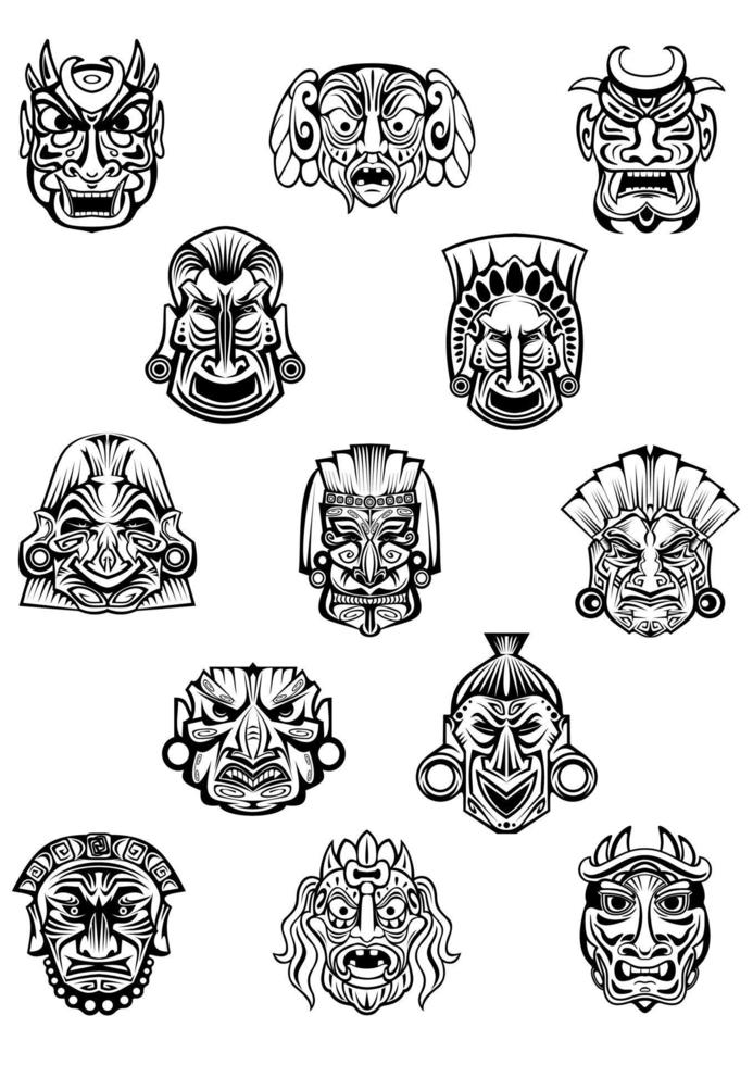 African ritual ceremonial masks in outline style vector