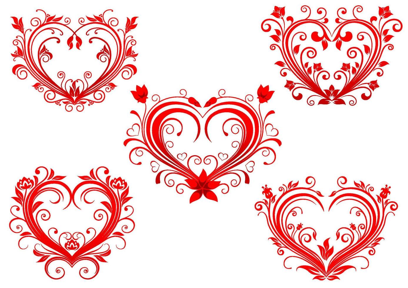 Elegant floral red valentine hearts set vector