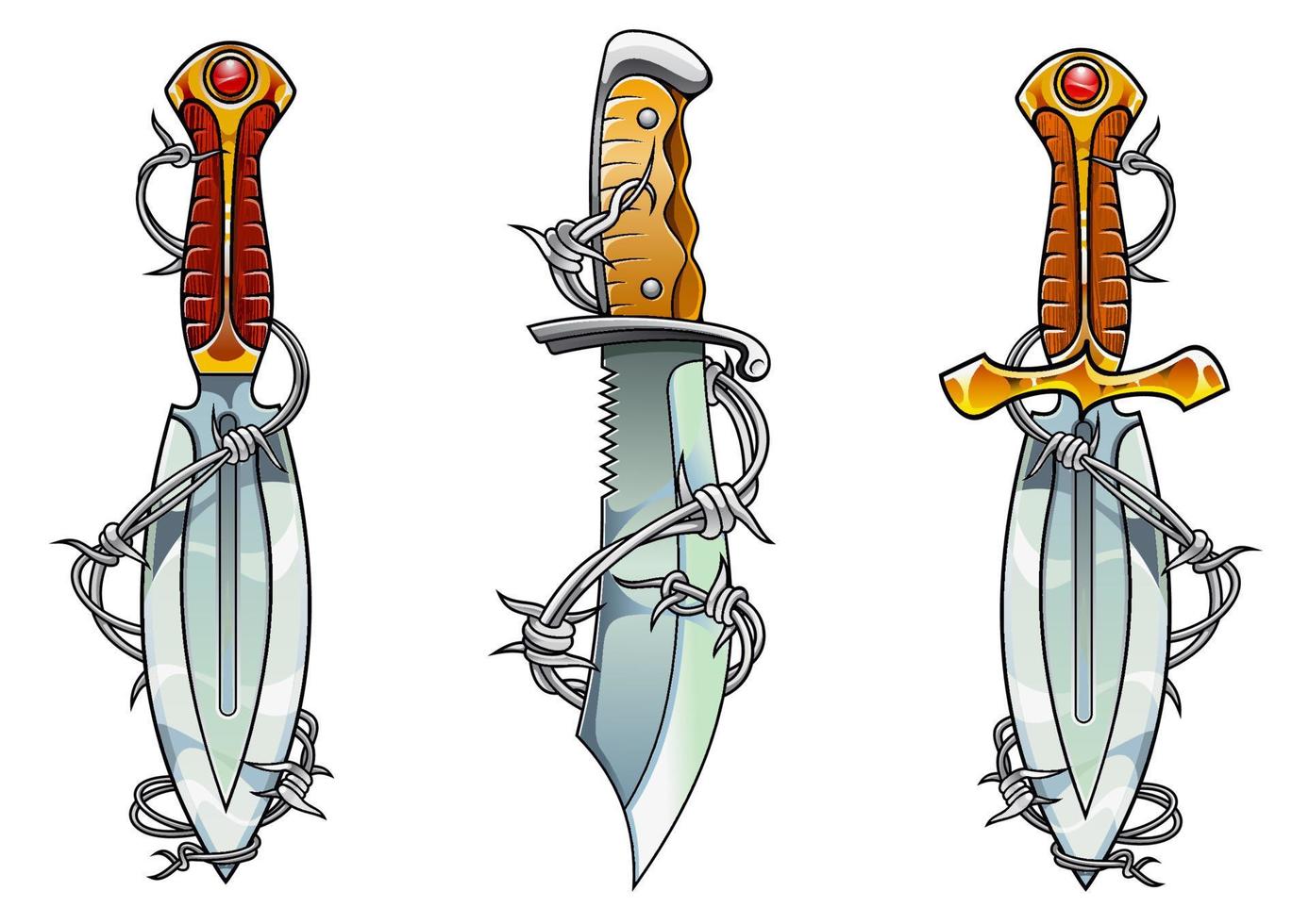 Cartoon ancient daggers with barbed wire vector