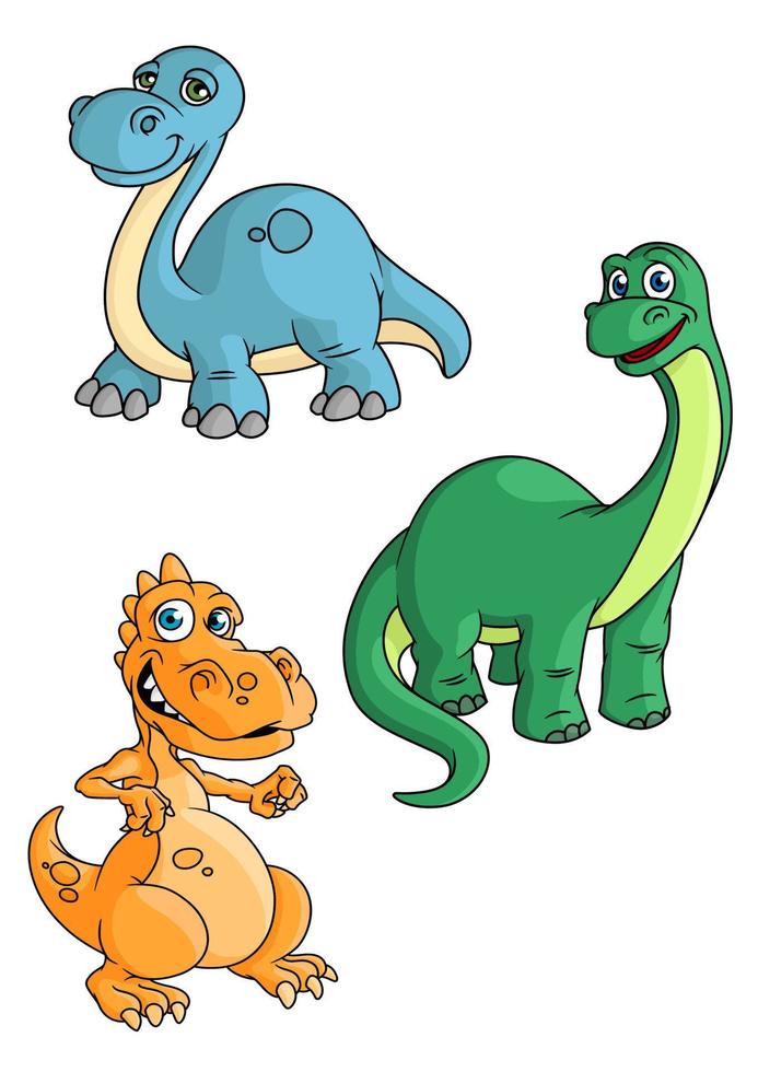 lindas mascotas de dinosaurio verde, azul y naranja de dibujos animados vector