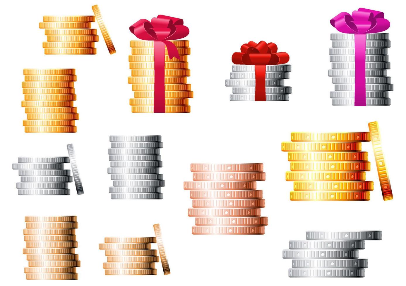 Golden, silver and bronze coin stacks vector