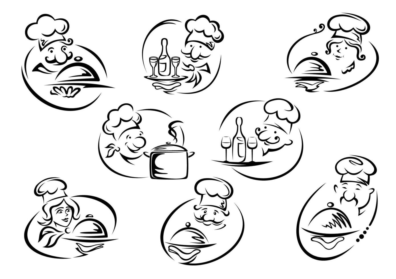 Chefs in toques with serving trays vector