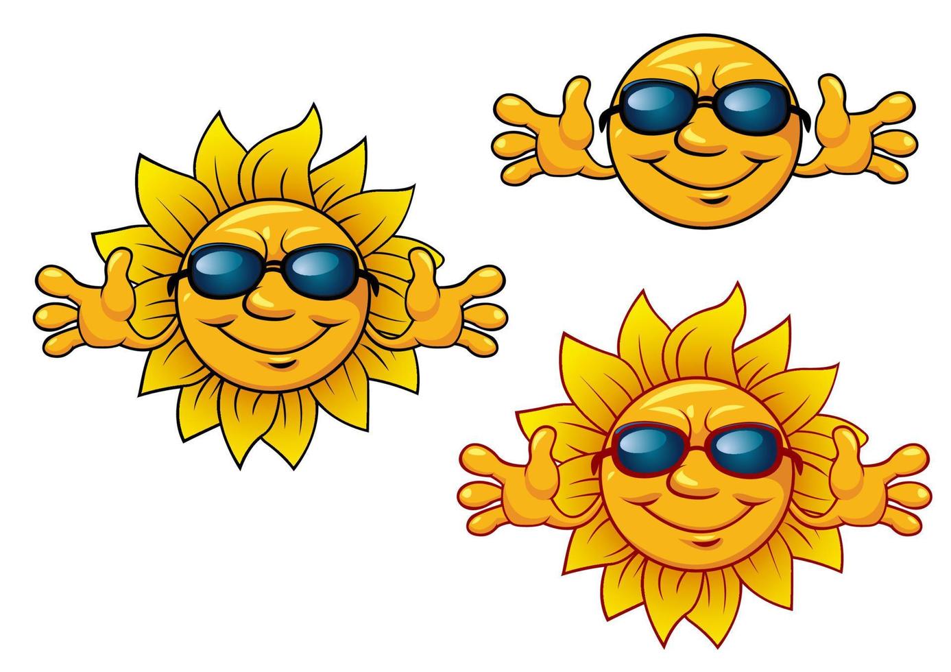 Cartoon smiling sun characters with sunglasses vector