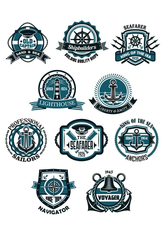 Marine and nautical heraldic emblems or icons vector