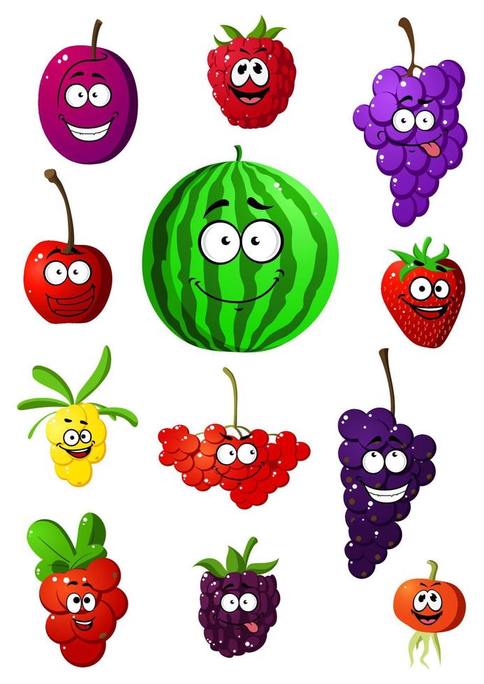 Colorful fruits and berries characters vector