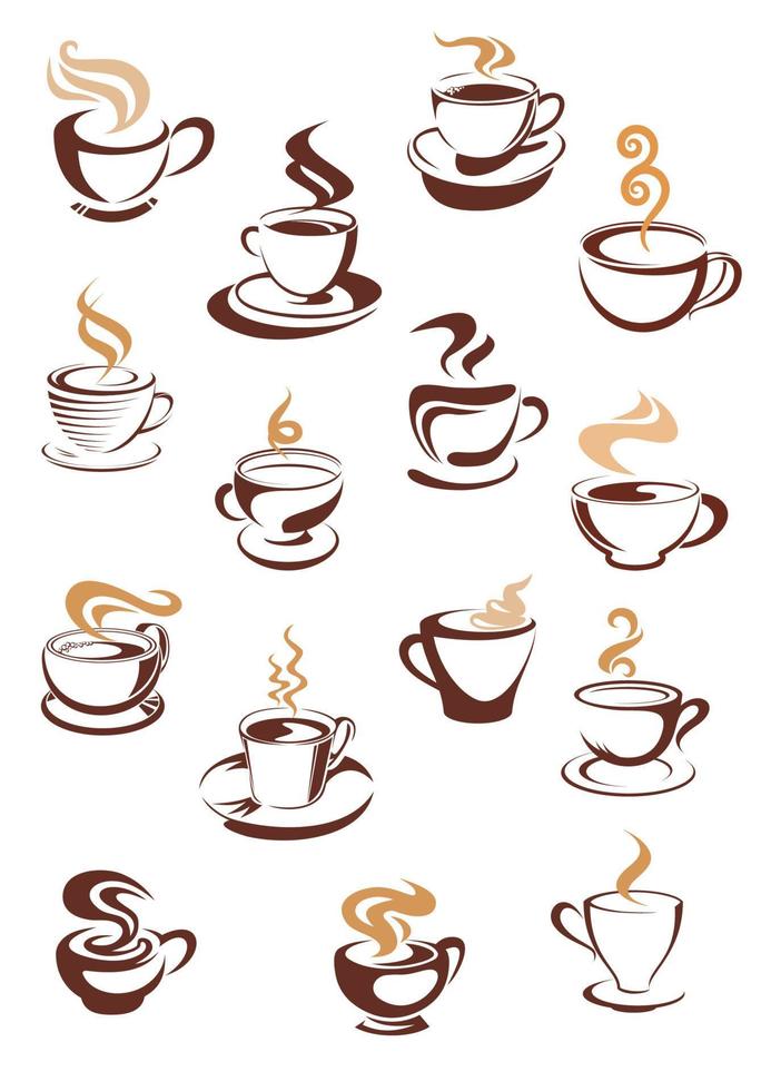 Juego de tazas de café humeantes vector