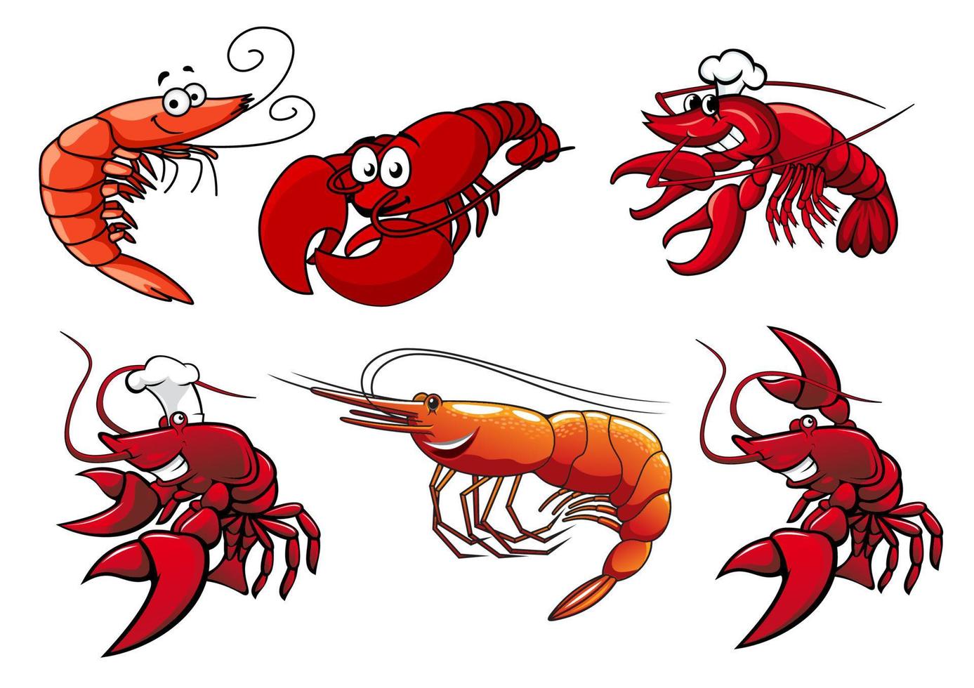 personajes de mariscos de camarones, gambas y langostas vector