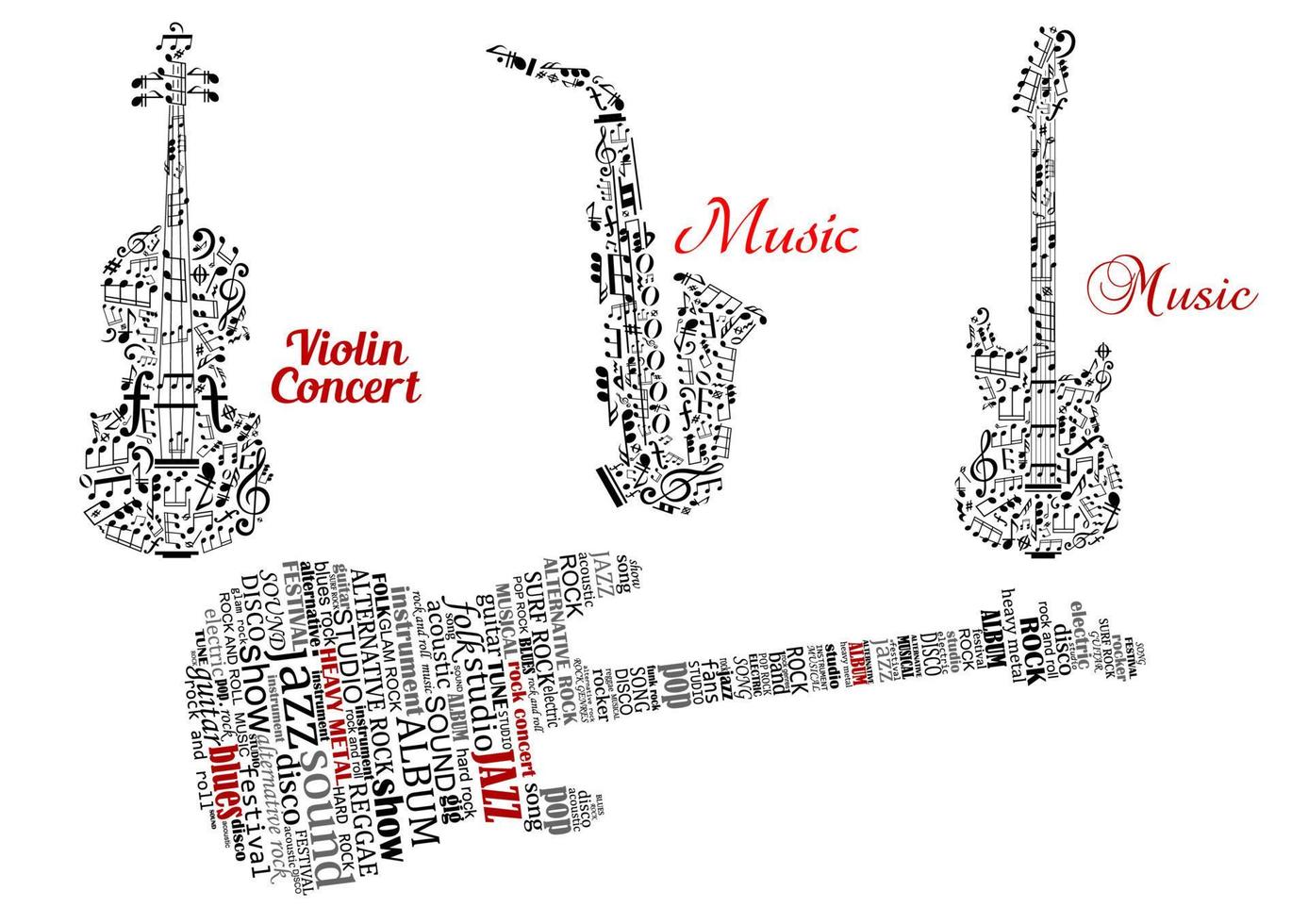 Word clouds and notes in shape of guitars, violin, saxophone vector