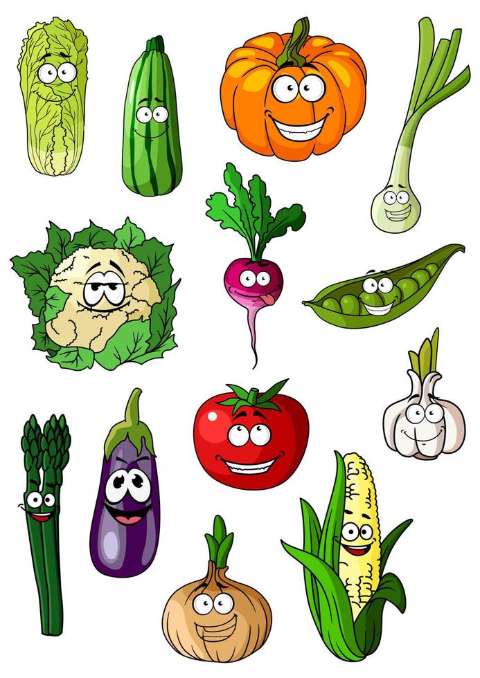 dibujos animados alegres varios personajes de verduras vector