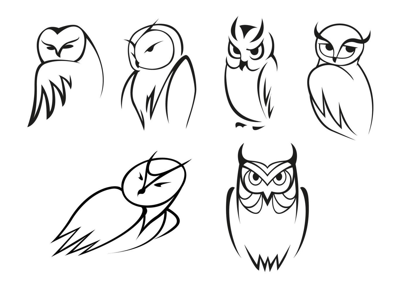 iconos de pájaro búho en estilo de contorno de garabato vector