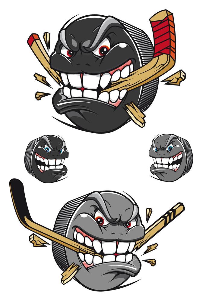 Angry evil hockey puck chomping a stick vector