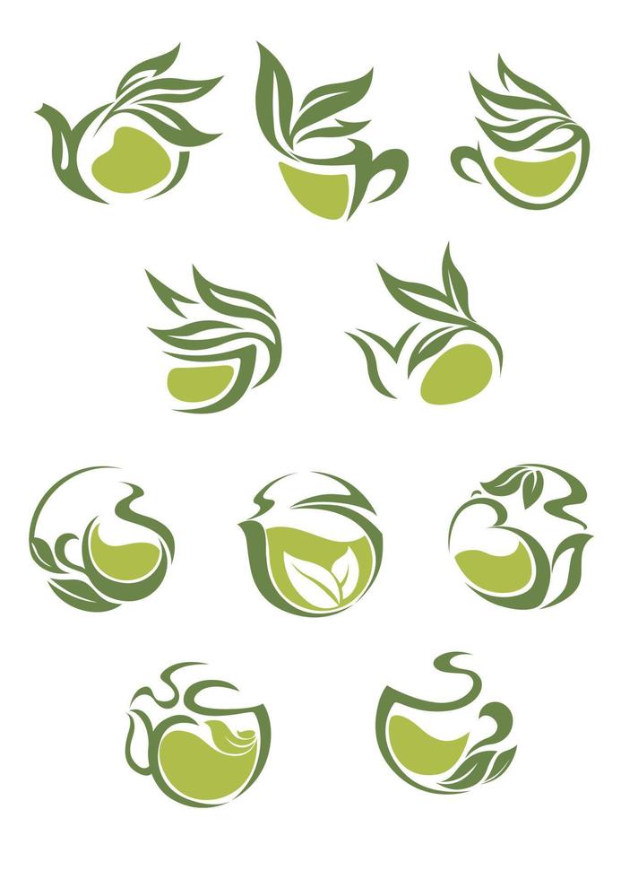 Green tea dish and cup icons set vector