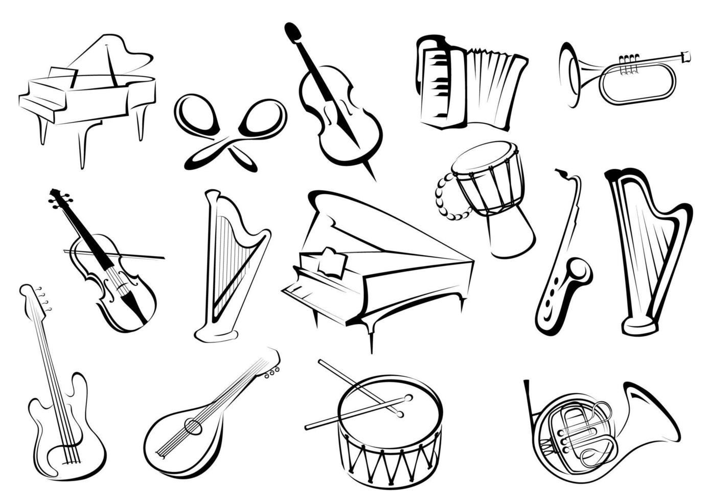 Musical instruments icons in sketch style vector