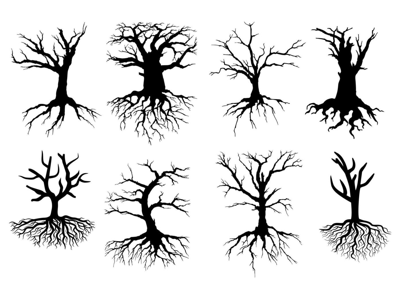 siluetas de árboles desnudos con raíces vector