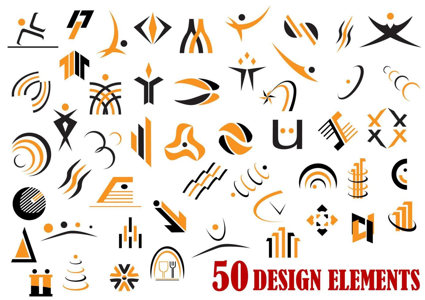 Fifty abstract design elements in black and yellow vector