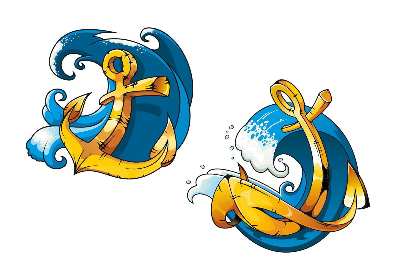 Cartoon ship anchors on sea water waves vector