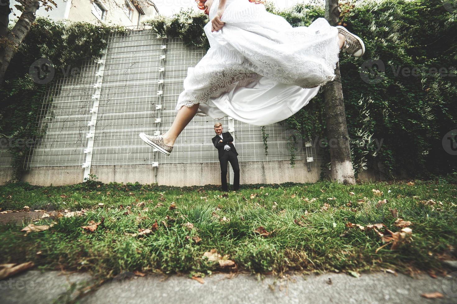 Wedding couple on a walk in the city photo