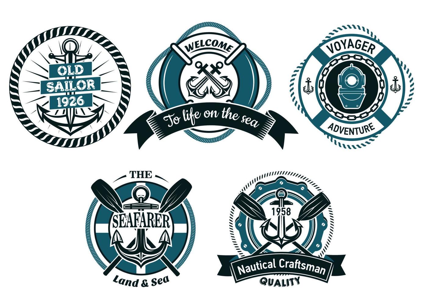 Seafarer and marine adventures emblems vector