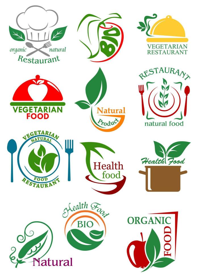 emblemas de alimentos saludables vegetarianos y naturales vector