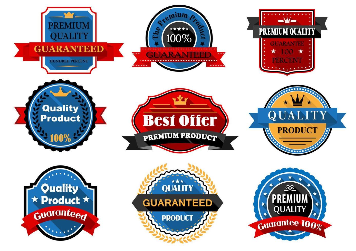 Quality and guarantee flat labels with heraldic elements vector