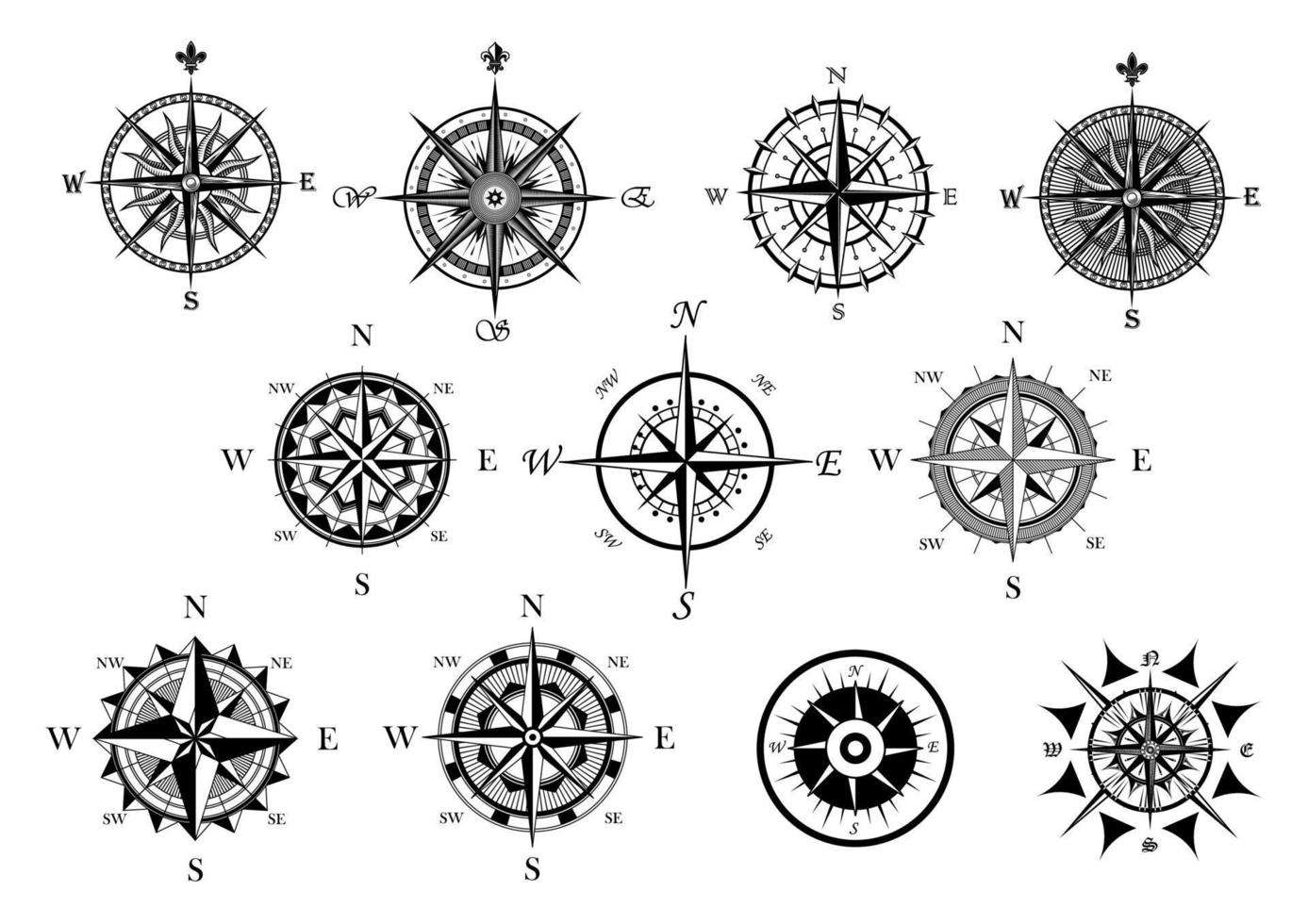 Nautical wind rose and compass icons set vector