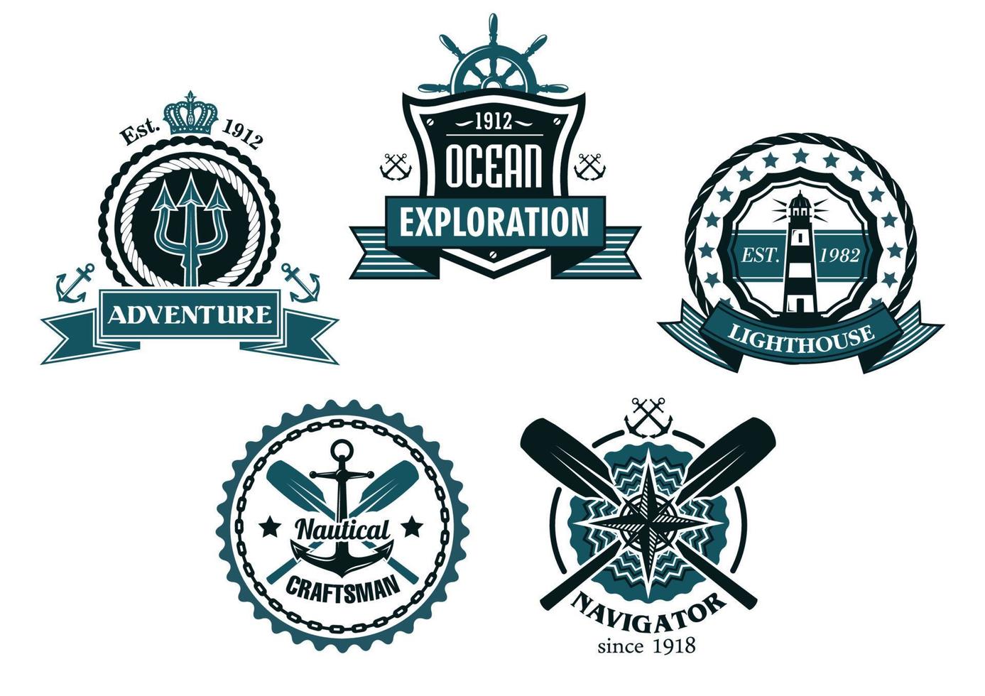 Nautical and marine emblems or icons vector