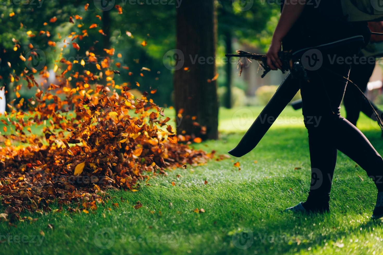 People operating a heavy duty leaf blower. photo