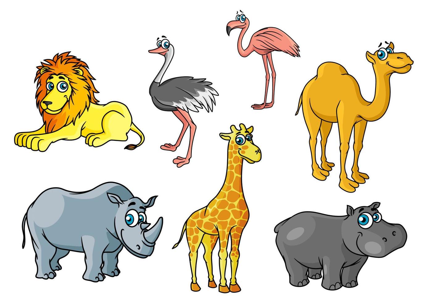 Cartoon african wild animals and birds characters vector