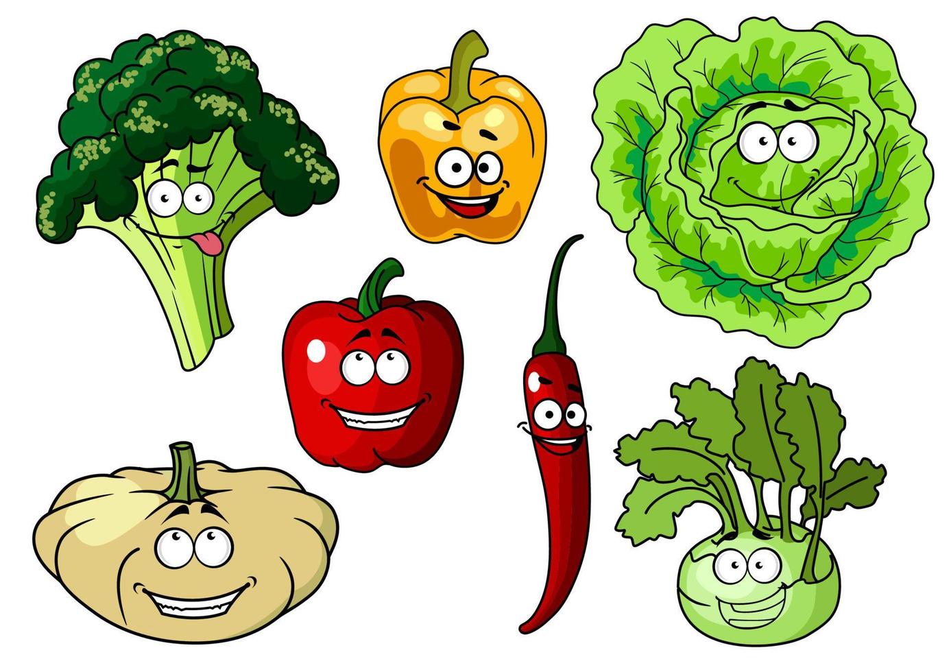 personajes de verduras de dibujos animados frescos y saludables vector