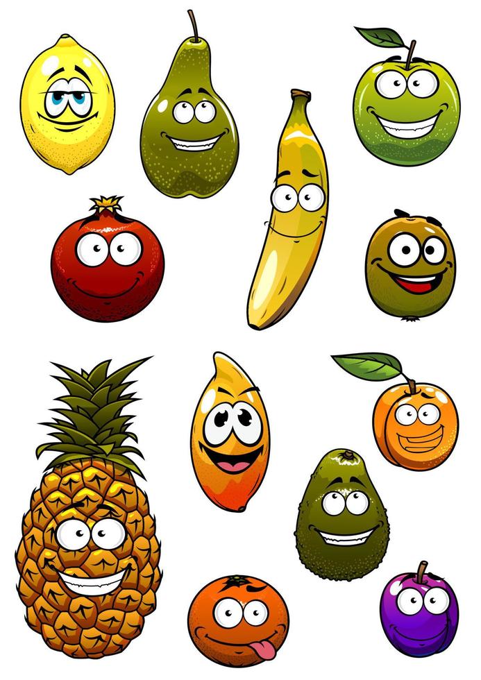 Tropical and garden fruits cartoon characters vector