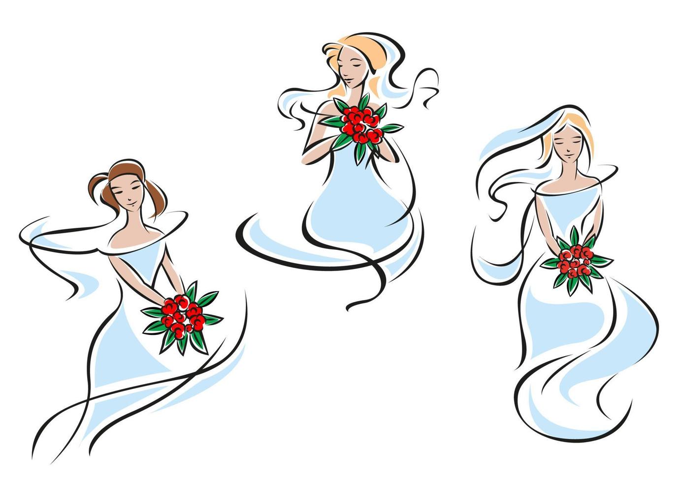 Beautiful brides in outline flowing lines vector