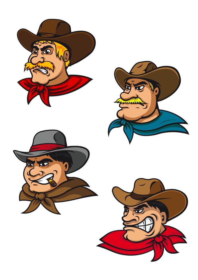 caricatura, occidental, brutal, vaqueros, mascotas vector