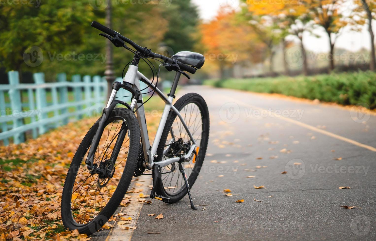 White bicycle standing in park. Morning fitness, loneliness. photo