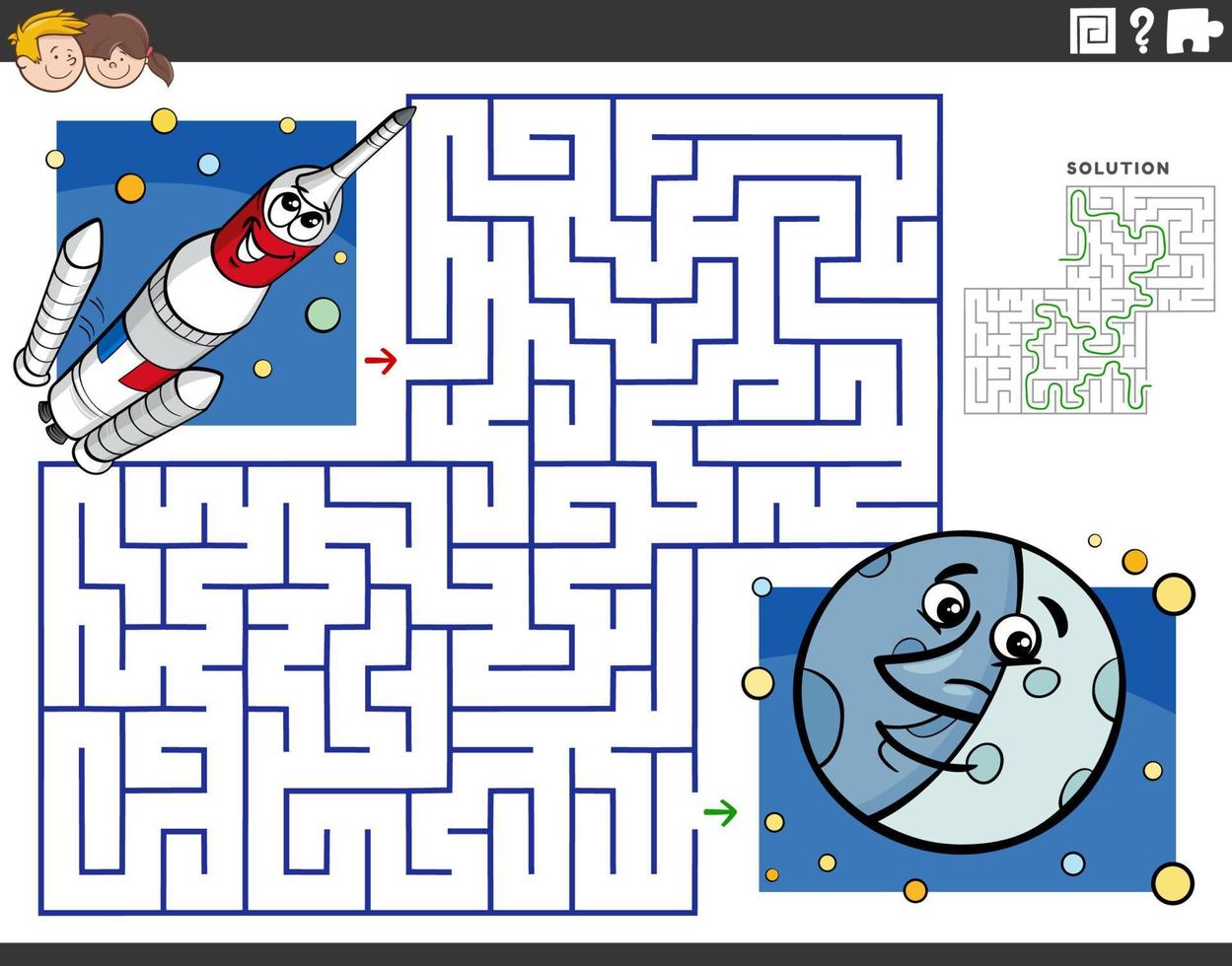 maze with cartoon rocket in space and the moon vector