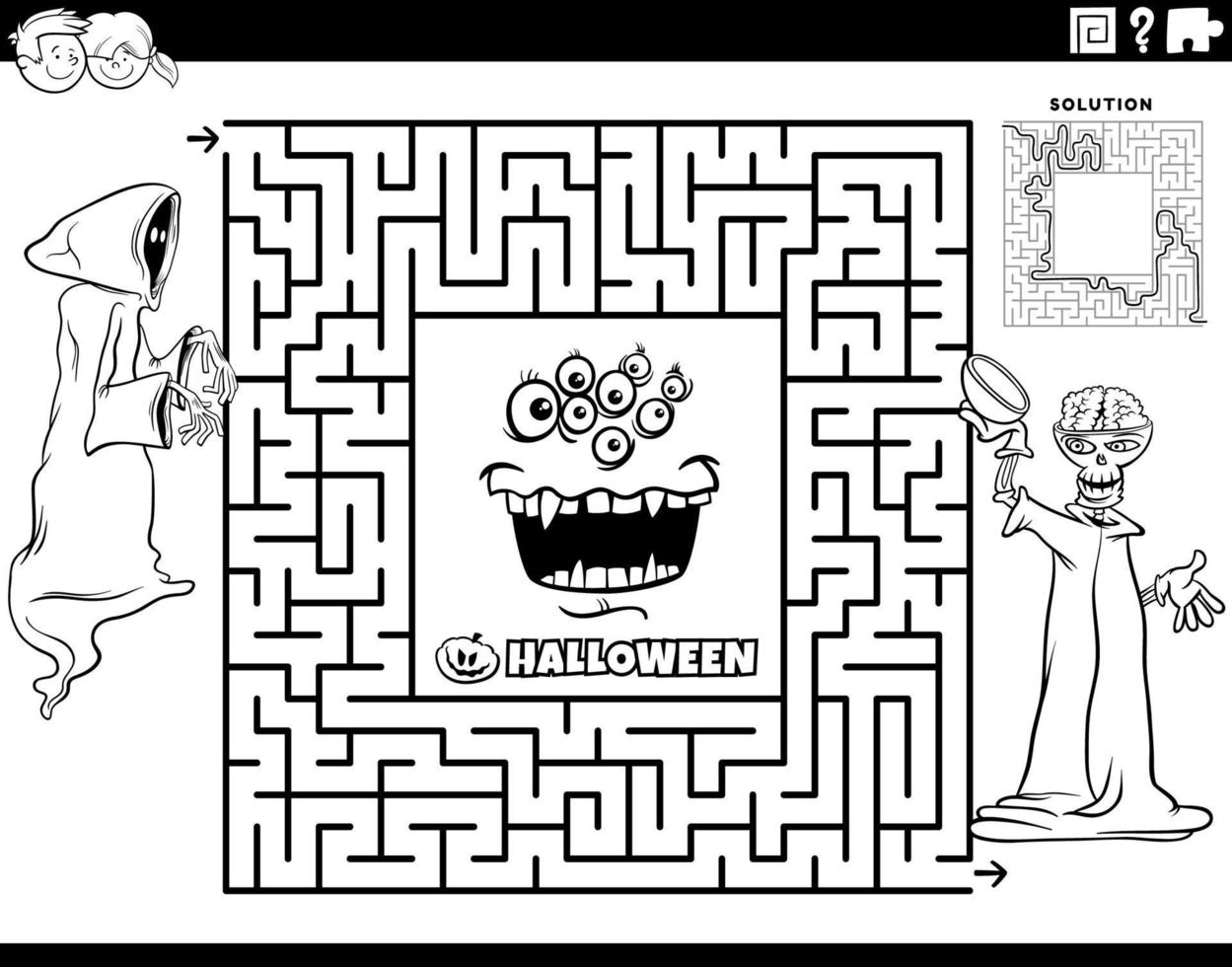 maze with skeleton and monster on Halloween coloring page vector