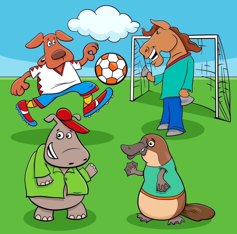 jugadores de fútbol de animales de dibujos animados en el campo de fútbol vector