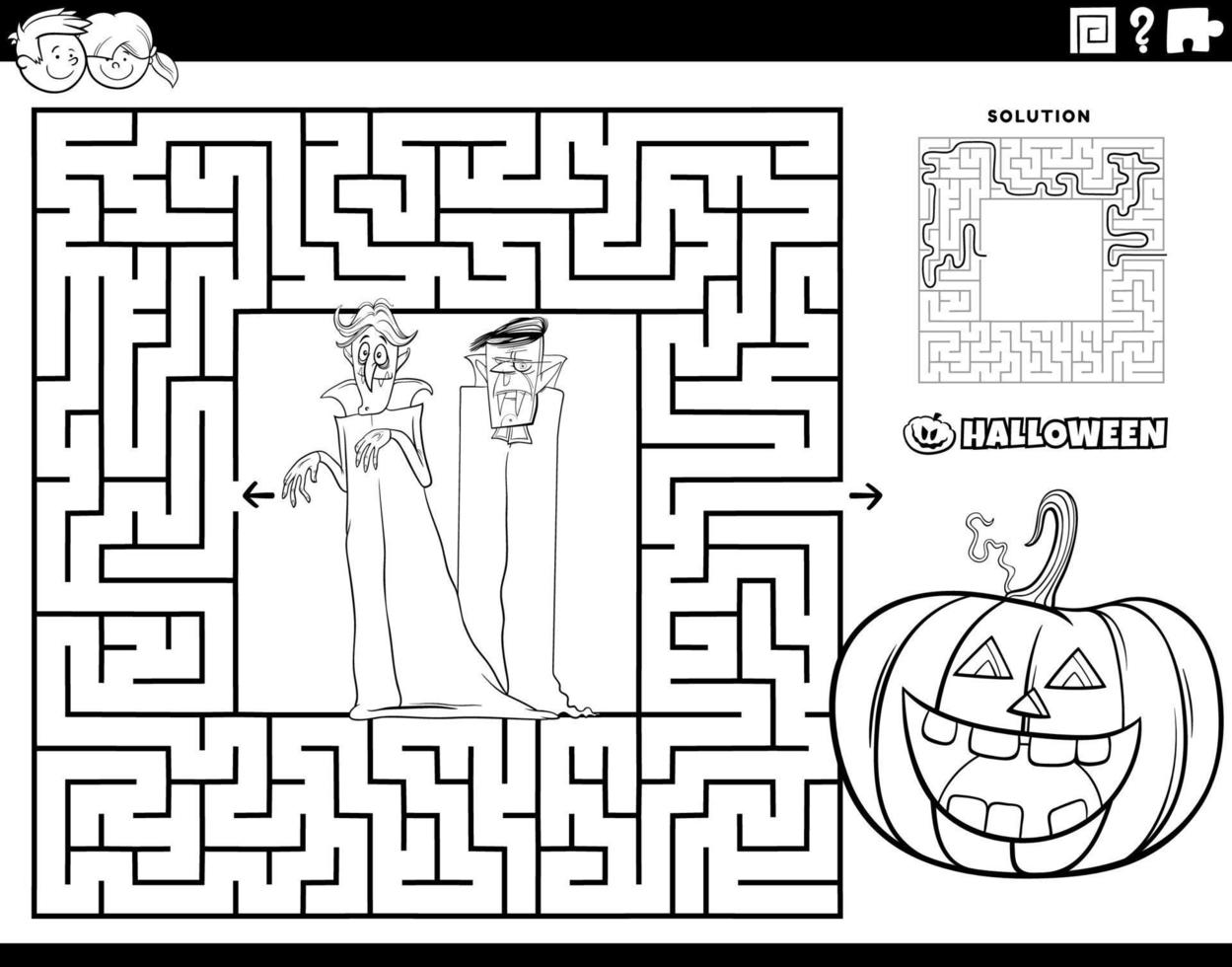 maze with cartoon vampires on Halloween coloring page vector