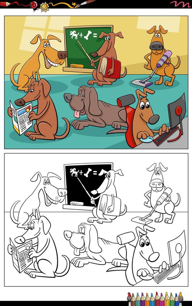 cartoon dogs animal characters group coloring page vector