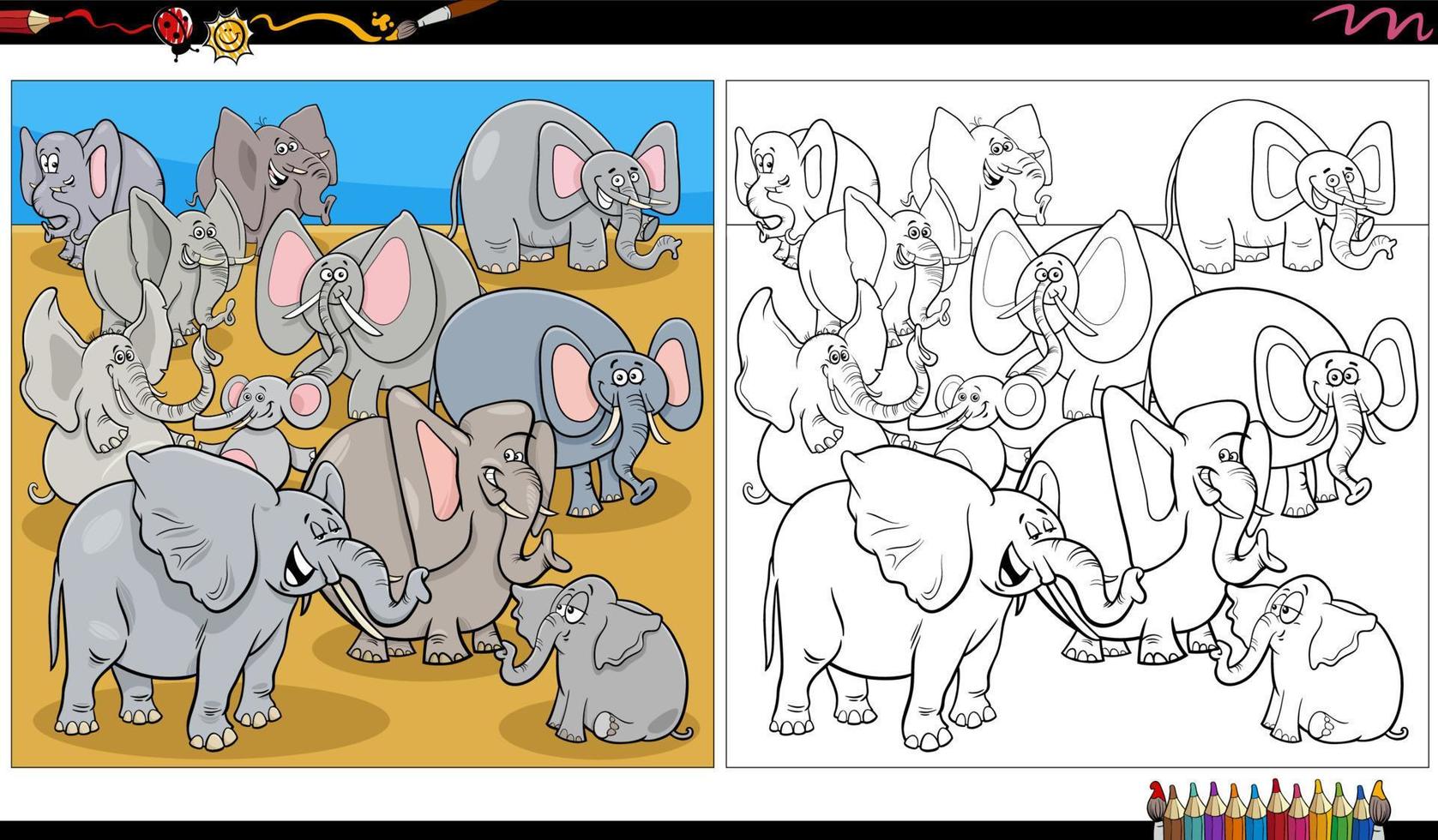 cartoon elephants wild animal characters group coloring page vector