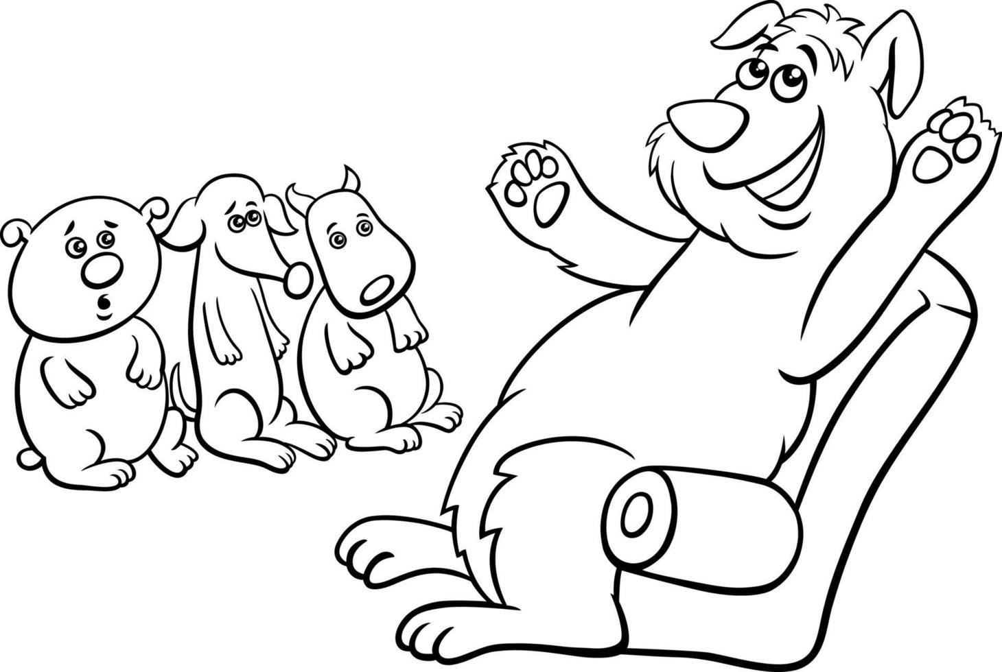 Perro de dibujos animados contando una historia a cachorros para colorear, pintar e imprimir vector